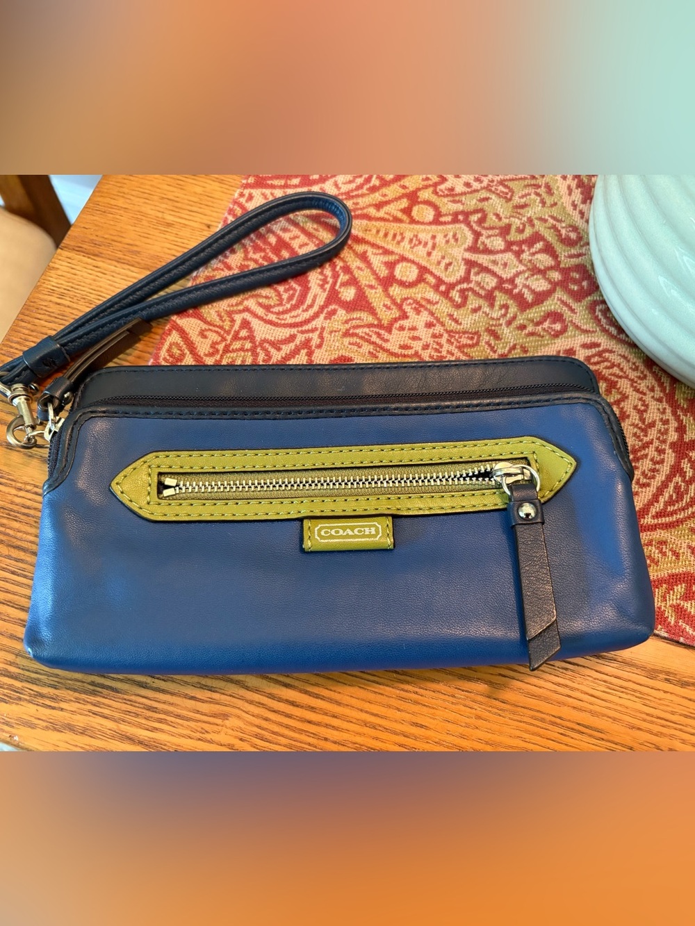 Coach Blue Leather Wristlet with Lime Trim and Silver Hardware